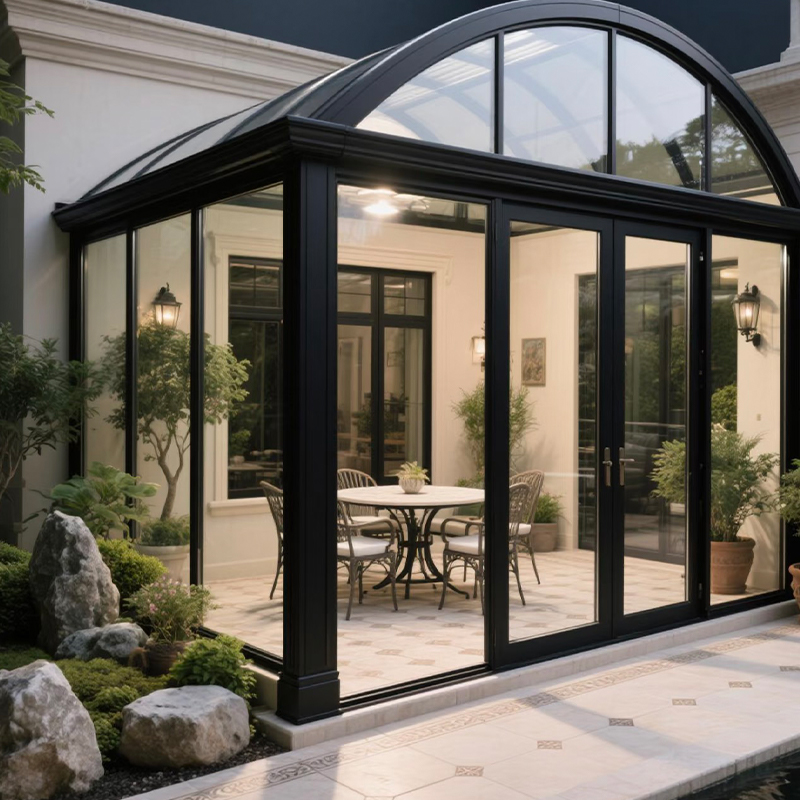 Terraza acristalada con techo arqueado (estructura reforzada)